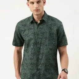 Burnt Umber Men Green Digital Geometric Print Linen Cotton Shirt-picture-10