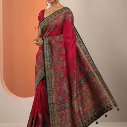 Libas Red Floral Print Saree With Unstitched Blouse image 3