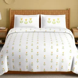 Spaces Imprints White Cotton Floral 210 TC Double Bedsheet with 2 Pillow Covers-image-1
