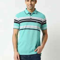 Dragon Hill Sea Green Slim Fit Striped Polo T-Shirt-image-66