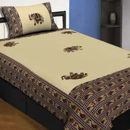 JaipurFabric Cream Cotton 240 TC Elephant Embroidery Single Bedsheet with 1 Pillow Cover-image-27
