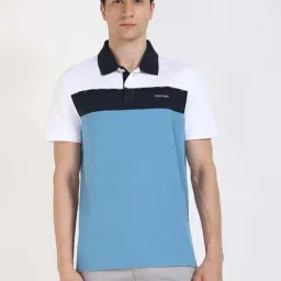 Calvin Klein Jeans White & Blue Regular Fit Colour Block Polo T-Shirt-picture-26