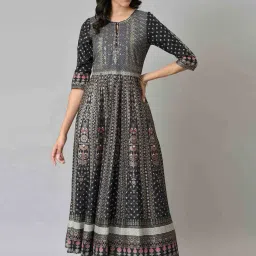 W Black Floral Print A-Line Dress image 1