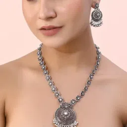 VOJ Silver Plated Floral Oxidized Long Necklace & Earrings for Women-image-9