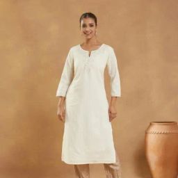 Fabindia White Cotton Embroidered Slim Fit Long Kurta-picture-23