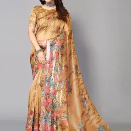 Satrani Brown Floral Print Saree With Unstitched Blouse-picture-18