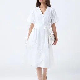 LOV by Westside White Embroidered Cotton A-Line Dress with Belt-image-12