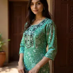 Rangita Green Cotton Floral Print Kurta image 5
