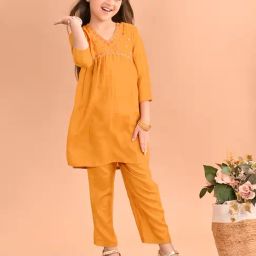 LilPicks Kids Yellow Embroidered Kurta with Plazzos-picture-17