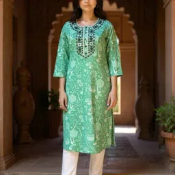 Rangita Green Cotton Floral Print Kurta image 4