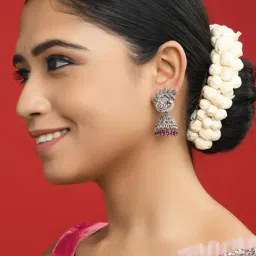 Fida Silver-Plated Pink Stone Jhumki Earrings-image-36