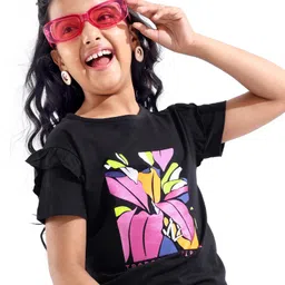 Pine Kids Cotton Half Frilled Sleeves T-Shirt Tropical Print - Jet Black-picture-17