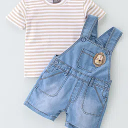 Little Kangaroos Cotton Knit Half Sleeves Striped T-Shirt & Dungaree Set With Embroidery- Light Blue-picture-20