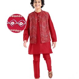 Pine Kids Woven Full Sleeves Solid Color Kurta Pajama Set With Sequinned Detailing Jacket  - Red-picture-23