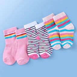 Doodle Poodle Cotton Knit Ankle Length Strips & Stars Print Socks  Pack of 3 -Pink & White-picture-4