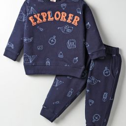 Zero Looper Knit Full Sleeves Co-ords T-Shirt & Lounge Pant Set with Explorer Print - Navy Blue-picture-46