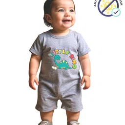 COCOON ORGANICS 100% Cotton Knit Half Sleeves Little Dino Text Printed Anti Microbial Romper - Grey Melange-image-89