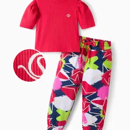 OLLINGTON ST. Cotton Lycra Rib Half Sleeves Top & Printed Bottom - Multicolor-picture-30