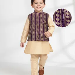 Babyhug Woven Full Sleeves Kurta Pajama & Nehru Jacket with Foil Embroidery - Beige & Purple-picture-26