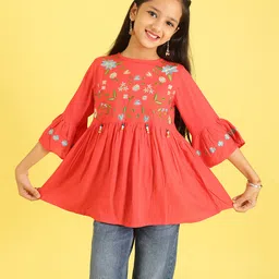 ISHTI Woven Three Fourth Sleeves Floral Embroidered & Beads Embellished Top - Tomato-image-44