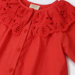 Spunkies Cotton Woven Full Sleeves Schffli Embroidered Dress - Red image 4