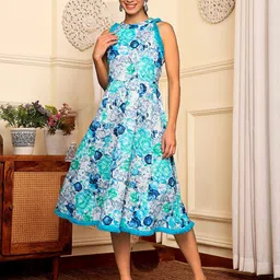 Varanga Floral Print Halter Neck Fringed A-Line Dress-picture-25