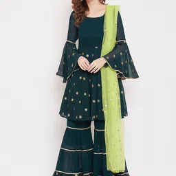 PANIT Women Green Self Design Kurta with Sharara & Dupatta image 1