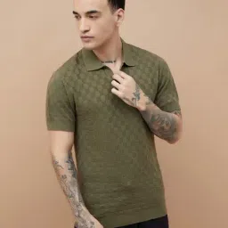 Forca By Lifestyle Olive Cotton Regular Fit Texture Polo T-Shirt-image-82