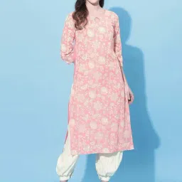 Satrani Baby Pink Cotton Printed Straight Kurta-picture-10