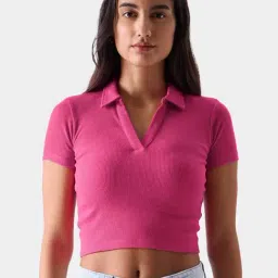 The Souled Store Pink Cotton Striped Crop Top-image-5