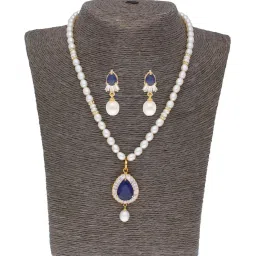 Sri Jagdamba Pearls Blue & White Pearl Gold Plated Necklace Set image 1