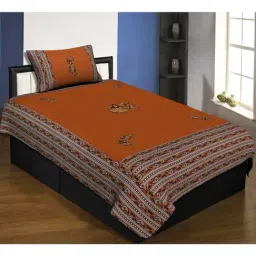 JaipurFabric Mustard Cotton 240 TC Chang Dance Embroidery Single Bedsheet with 1 Pillow Cover-picture-17