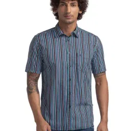 Parx Green Cotton Slim Fit Striped Shirt-image-34