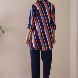 Sweet Dreams Striped Mandarin Collar Three-Quarter Sleeves Kurti And Pyjamas image 2