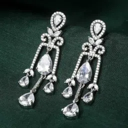 Zeneme Rhodium Plated Silver Toned American Diamond Crystal Cluster Chandelier Earrings-picture-31