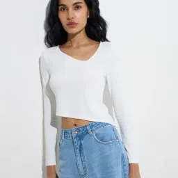 nuon women Nuon by Westside White Ribbed Asymmetrical Top image 1