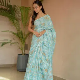 Zari Jaipur Grey Silk Printed Saree With Unstitched Blouse Piece image 4