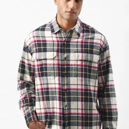 Bewakoof Men's Beige & Blue Checked Oversized Shirt-image-21