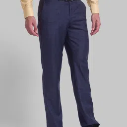 Park Avenue Blue Regular Fit Checks Trousers image 4