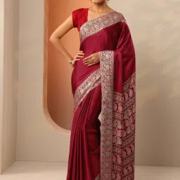 Libas Red Satin Regular Fit Printed Saree With Unstitched Blouse-image-69