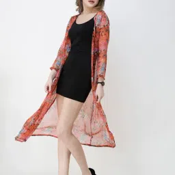 Scorpius Orange Floral Print Long Shrug image 4