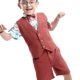 Ollington St. 100% Cotton Knit Half Sleeves Collared  Tropical Printed Shirt & Twill Shorts Set With Bow & Waistcoat  Multicolor-picture-27