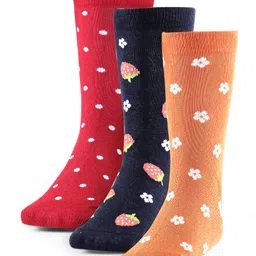 Cute Walk by Babyhug Anti-Bacterial Ankle Length Floral & Polka Dots Design Socks Pack of 3 - Orange Black & Red-picture-26