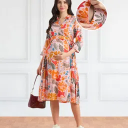 Bella Mama WovenThree Fourth Sleeves Shirt Maternity DressWith Floral Print - Multicolor-image-39
