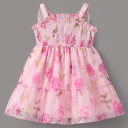 Mark & Mia Sleeveless Floral Printed Party Frock with Butterfly Applique & Smocking - Pink-picture-17