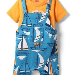 Babyhug Single Jersey Knit Nautical Theme Print Dunagaree & Half Sleeves Inner Tee - Blue-image-0