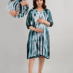 CeleBravo Rayon Three Fourth Sleeves Tie Dye Maternity Dress With Nursing Access - Green-image-74