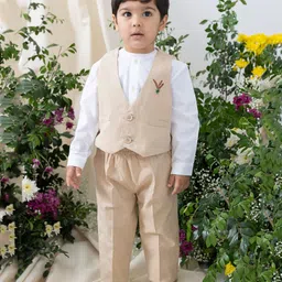 Tiber Taber 100% Cotton Woven Full Sleeves Floral & Leaves Embroidered 3 Piece Party Suit Set - Beige-picture-25