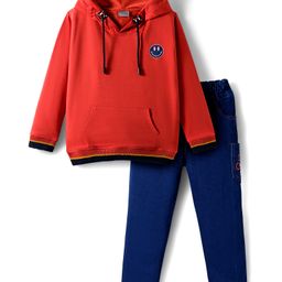 Dapper Dudes Full Sleeves Smiley Printed Hooded Sweatshirt With Pant Set - Orange-picture-21