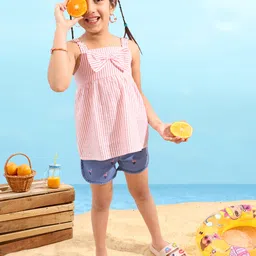 Babyhug Sleeveless Seer Sucker Woven Top With Stripes & Bow Detailing - Peach image 2